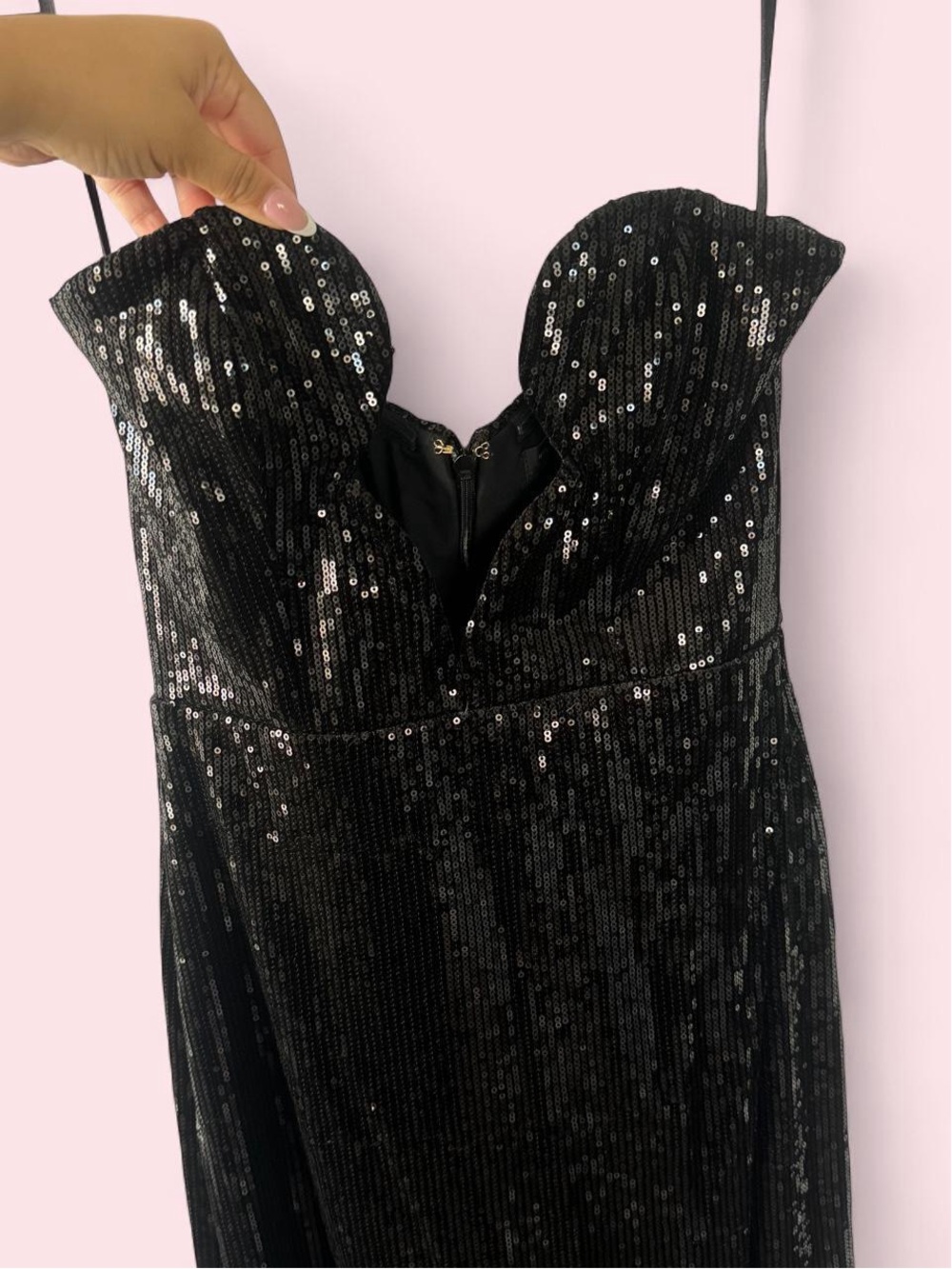 Michael Costello Black Sequin Strapless Maxi Dress with Sweetheart Neckline